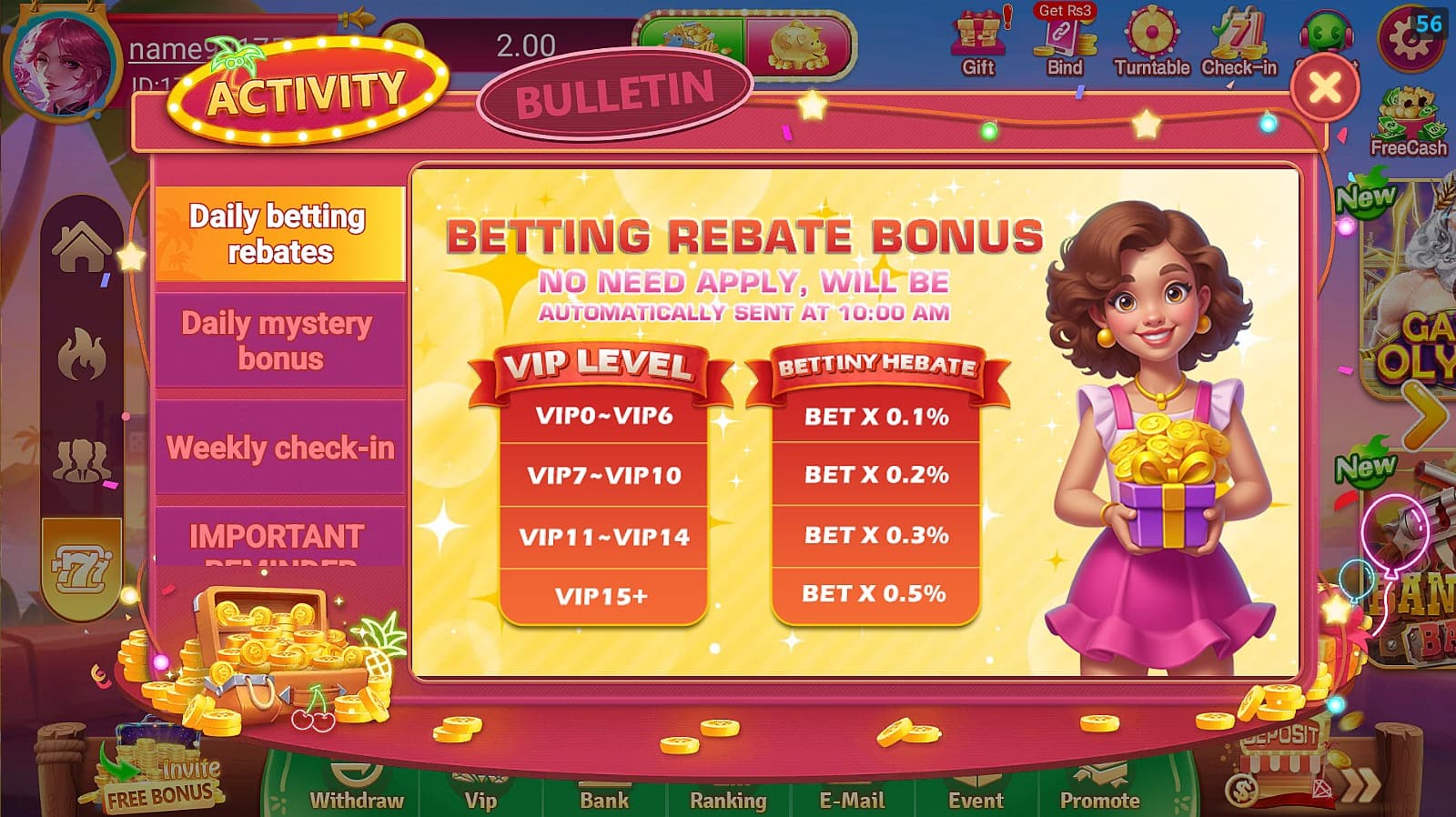L83 Game daily betting rebates bonus screen in Pakistan