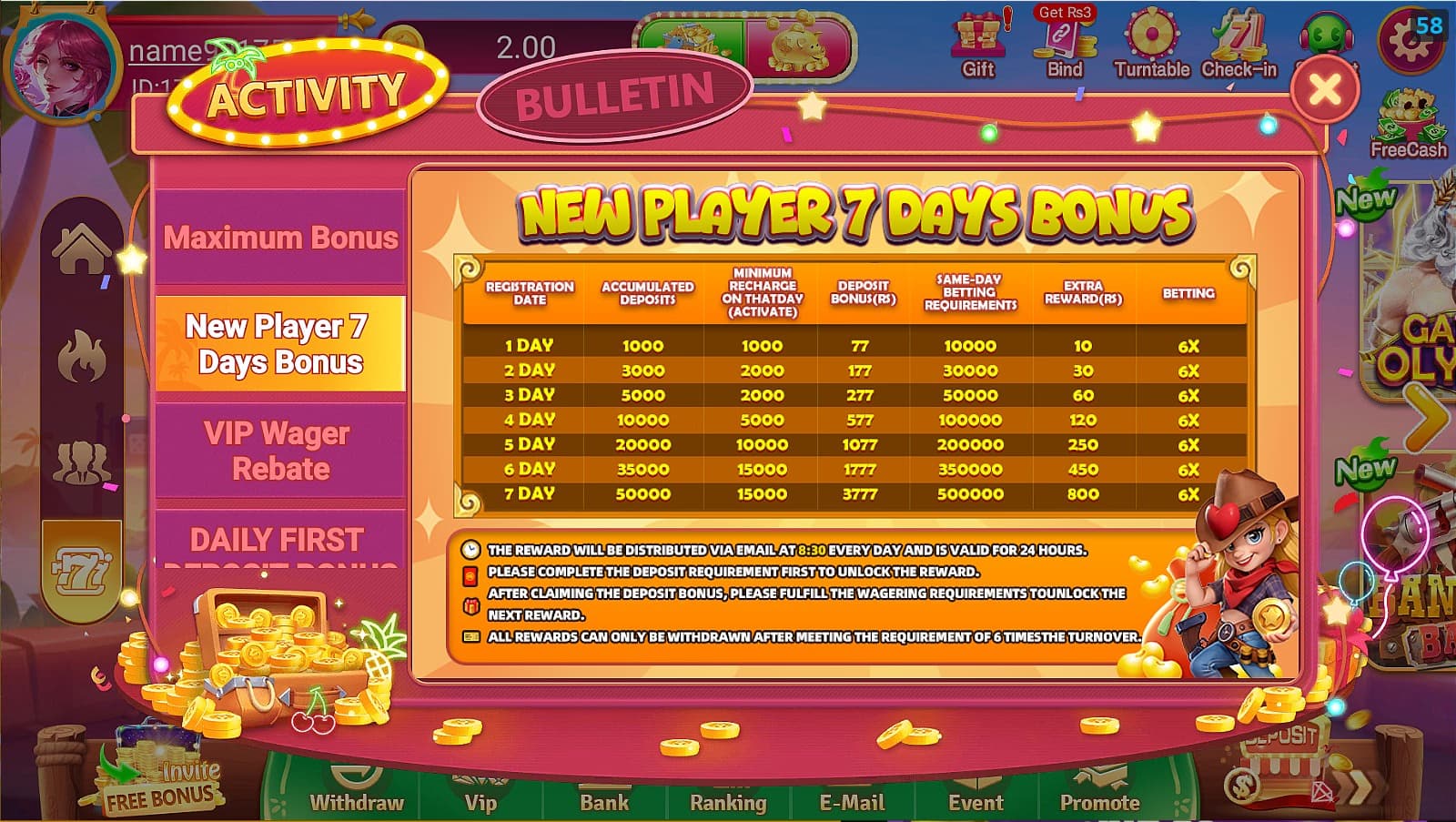 L83 Game new player welcome bonus screen