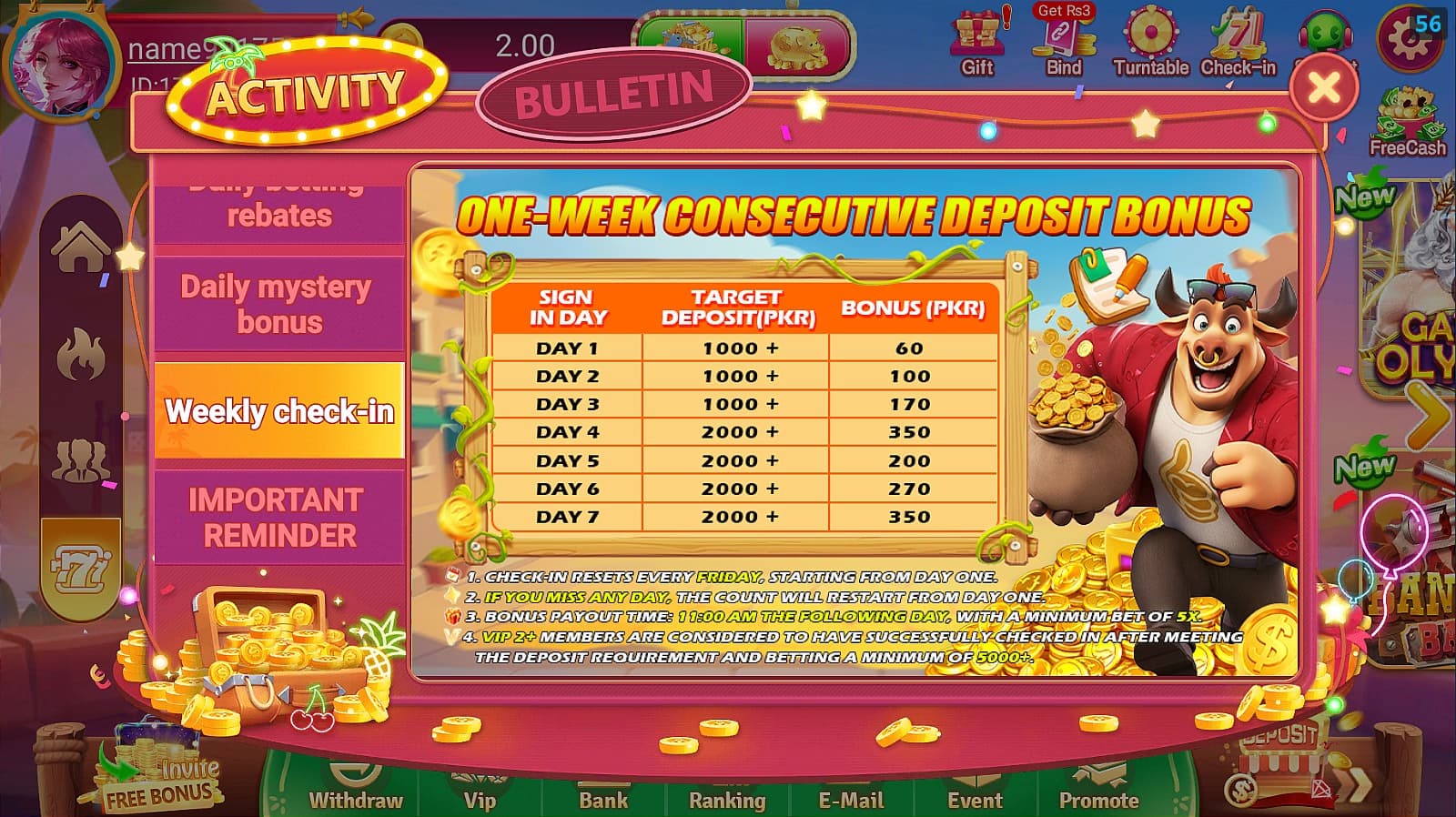 L83 Game weekly check in rewards screen